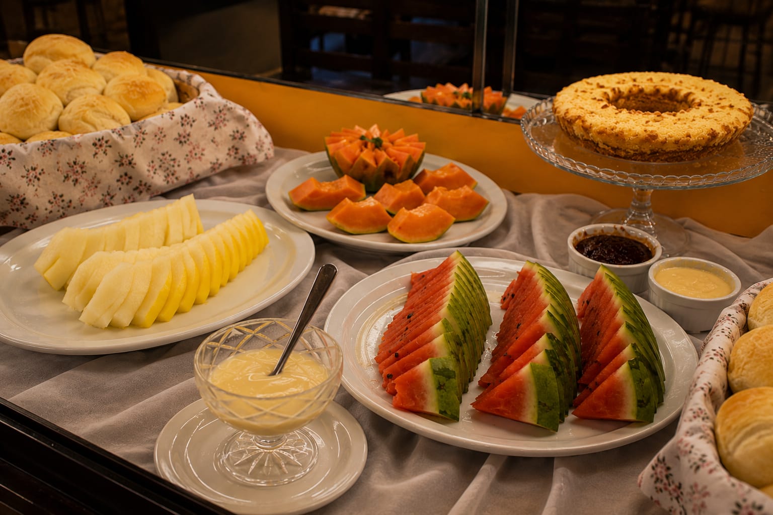 Frutas, panes, pastel y acompañamientos del desayuno